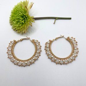 Large Gold Hoop Beaded Elegant Statement Earrings in Gold and White
